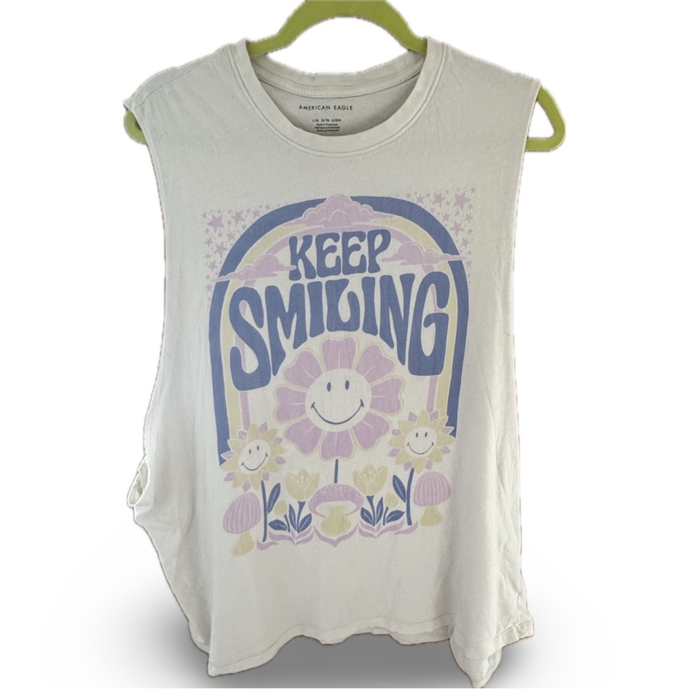 American Eagle 'Keep Smiling' White Muscle Tank Top